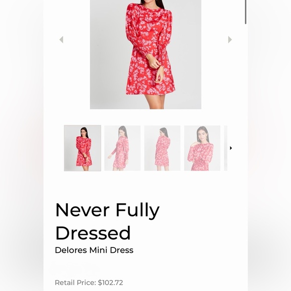 Never Fully Dressed Delores Dress 10 Red Pink Floral ruched bishop sleeves $103 - Picture 7 of 16